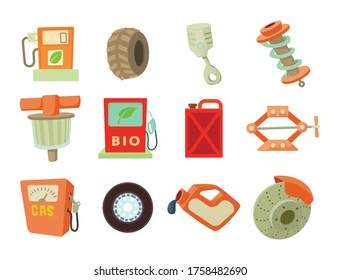Car tools icon set. Cartoon set of car tools vector icons for web design isolated on white background