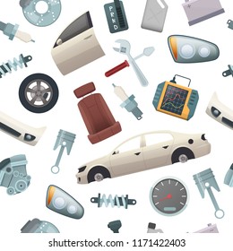 Car tools pattern. Mechanic details of automobile isolated parts engine wheel transmission door body vector cartoon seamless pictures. Car repair pattern with tools and gear auto illustration