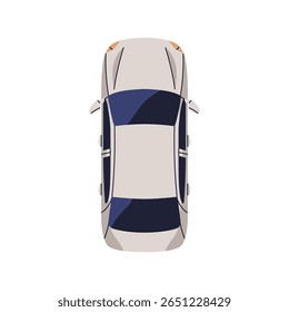 Carro, vista de cima. Sedan compacto de cima. Veículo automóvel de carga adicional. Transporte rodoviário de motor, teto de automóvel, janelas e capô. Ilustração de vetor plano isolada no plano de fundo branco