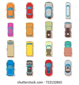 Car top view above over icons set. Flat illustration of 16 car top view above over vector icons for web