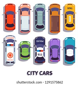 Car top view. City vehicle transport. Automobile cars for transportation, from above auto car vector isolated icons set