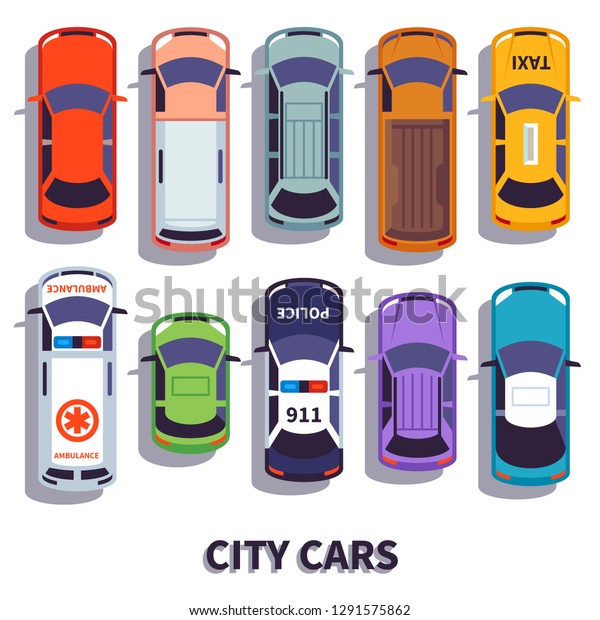 Car top view. City vehicle transport. Automobile cars\
for transportation, from above auto car vector isolated icons\
set