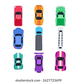 Conjunto de vista superior del coche de dibujos animados. techo Aéreas, sobre diseño, silueta de plano Signo de vista superior del coche. Ilustración vectorial de símbolo aislado