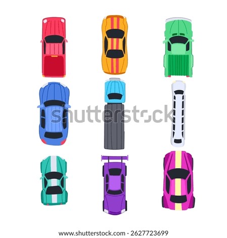 car top view set cartoon. roof aerial, over layout, blueprint silhouette car top view sign. isolated symbol vector illustration