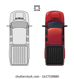 car top view sketch contour shape and red color pickup , for parking scheme or architecture presentation , actual proportion size. Black isolated on white vector, popular , common model
