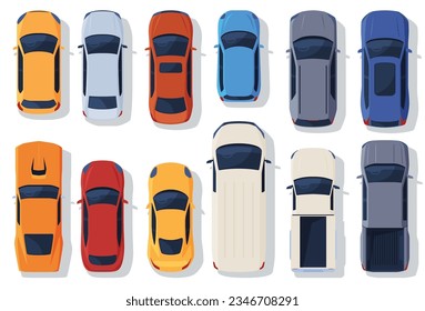 Car top view. Various types and colors of cars. Road traffic, means of transportation. Vector illustration