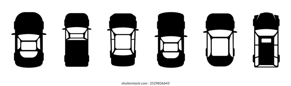 Ícones vetoriais da vista superior do carro. Vista superior de carros em vários modelos