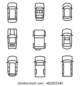 car top view vector icons. Simple illustration set of 9 car top view elements, editable icons, can be used in logo, UI and web design