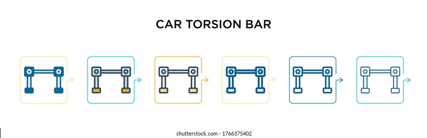 Icono vectorial de barra de torsión de auto en 6 estilos diferentes modernos. Negro, dos iconos de barra de torsión de coches de colores diseñados en el estilo relleno, contorno, línea y trazo. La ilustración vectorial puede utilizarse para la web, el móvil,