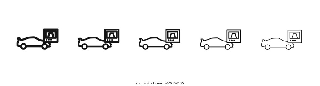 Carro com ícone de tela sensível ao toque, sinal de vetor preto e branco