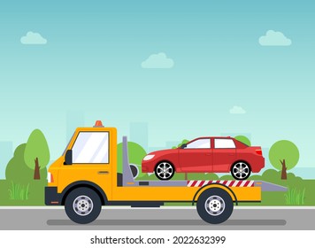 Car tow truck accident roadside assistance. Crash breakdown flatbed blue car recovery tow truck