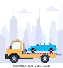 Car tow truck accident roadside assistance. Crash breakdown flatbed blue car recovery tow truck