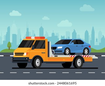 Car tow truck accident roadside assistance. Crash breakdown flatbed blue car recovery tow truck