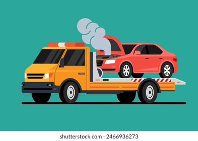 Car tow truck accident roadside assistance broken car smoke. Crash breakdown flatbed blue car recovery tow truck