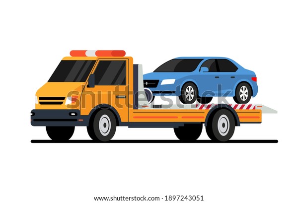 Car tow truck accident\
roadside assistance. Crash breakdown flatbed blue car recovery tow\
truck