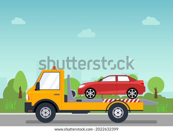 Car tow truck accident
roadside assistance. Crash breakdown flatbed blue car recovery tow
truck