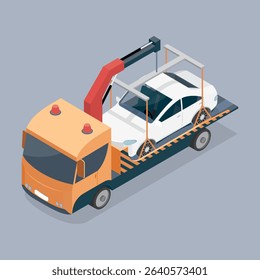 Car tow truck loading a broken down white car using its crane. Roadside assistance concept. 3d flat isometric vector illustration. Eps 10.