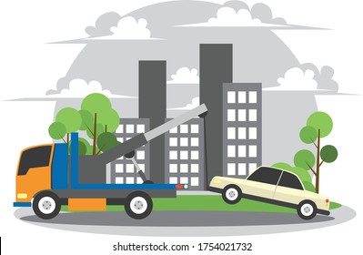 Car is towed by tow truck in the middle of city illustration