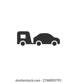 Car towing camper trailer icon. Vehicle with mobile home transport. Monochrome black and white symbol