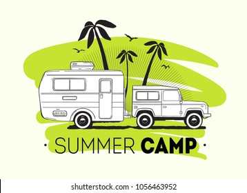 Car towing caravan trailer or travel camper against palm trees on background and Summer Trip lettering. Recreational vehicle for road journey or seasonal camping. Vector illustration for logo, ad.