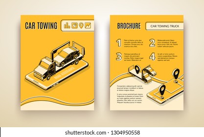 Car towing company, road assistant, car repair service isometric vector advertising brochure or booklet page template. Flatbed truck on smartphone screen transporting broken car line art illustration