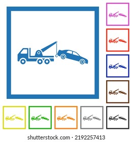 Car towing flat color icons in square frames on white background