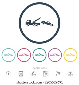 Car towing flat color icons in round outlines. 6 bonus icons included.