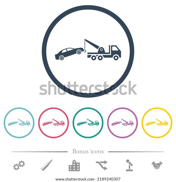 Car towing flat color icons in round outlines.\
6 bonus icons included.