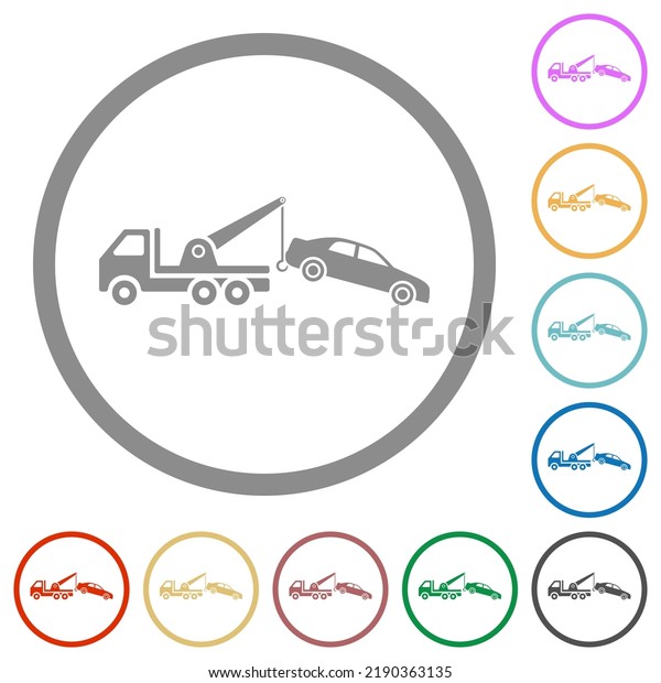 Car towing flat color icons in round outlines\
on white background