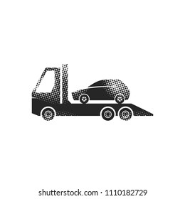 Car towing icons in halftone style. Automotive vehicle maintenance service. Black and white monochrome vector illustration.