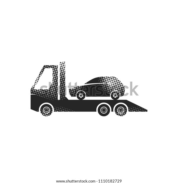 Car towing icons in halftone style.\
Automotive vehicle maintenance service. Black and white monochrome\
vector illustration.