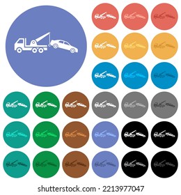 Car Towing Multi Colored Flat Icons On Round Backgrounds. Included White, Light And Dark Icon Variations For Hover And Active Status Effects, And Bonus Shades.