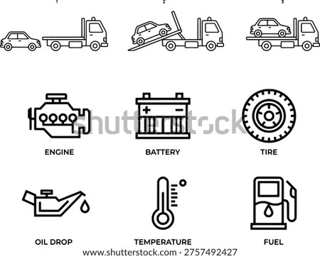 Car Towing Process and Auto Service Icons Line Art Set