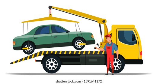 Car Towing Truck Cartoon. Road Side Assistance Service. Breakdown Lorry Emergency Help. Flat Wrecker Loading And Transportation Indisposed Motor Green Vehicle. Vector Illustration Isolated On White