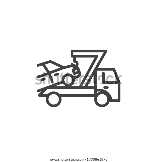 Car towing truck line icon.\
linear style sign for mobile concept and web design. Auto towing\
outline vector icon. Symbol, logo illustration. Vector\
graphics