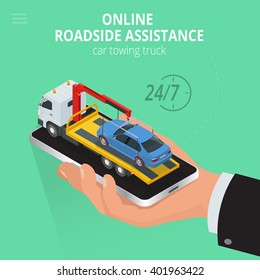 Car towing truck Online app. Evacuator on smartphone. Road side assistance. Wrecker, breakdown truck, recovery vehicle, breakdown lorry.  Improperly parked, impounded, indisposed motor vehicles.