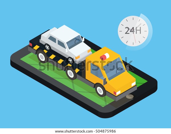 Car towing truck, online\
roadside assistance. Car evacuator in mobile app. Flat design\
illustration