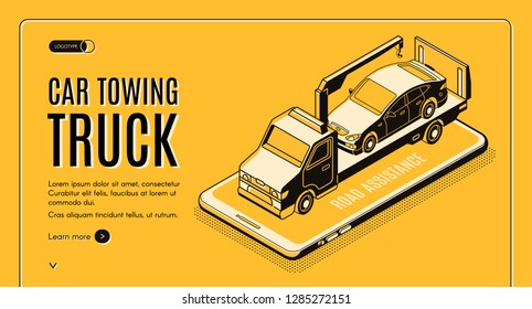 Car towing truck online service isometric vector web banner. Flatbed truck with crane carrying car on smartphone screen line art illustration. Road assistance company mobile application landing page