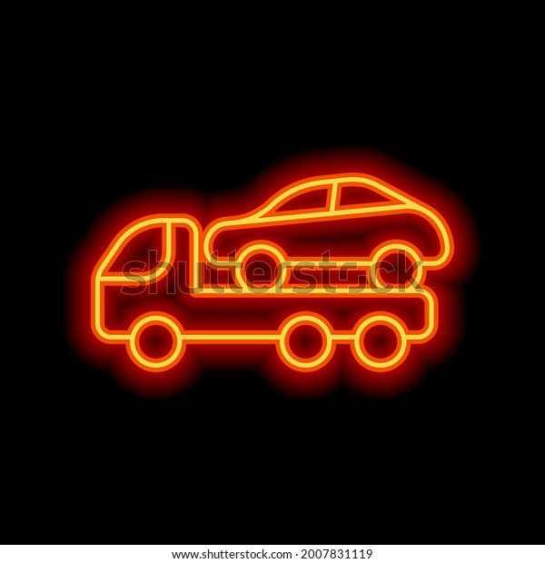 Car towing Truck, service for drivers, simple\
icon. Orange neon style on black background. Light linear icon with\
editable stroke