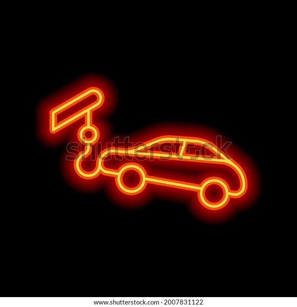 Car towing Truck, service for drivers, simple\
icon. Orange neon style on black background. Light linear icon with\
editable stroke