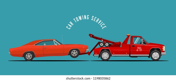 Car Towing Truck Service Illustration with towing truck and car. Ready made illustration for your business. Vector Illustration.