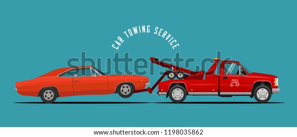 Car Towing Truck Service Illustration with\
towing truck and car. Ready made illustration for your business.\
Vector Illustration.
