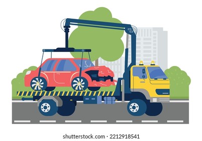 Car towing truck working on highway road, flat cartoon vector illustration isolated on white background. banner with roadside towing transport truck.