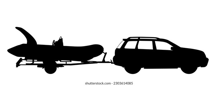 Car tows a rubber boat on a trailer vector silhouette illustration isolated on white background. Off road vehicle carry inflatable boat for fishing and outdoor fun on beach. Summer family activity.