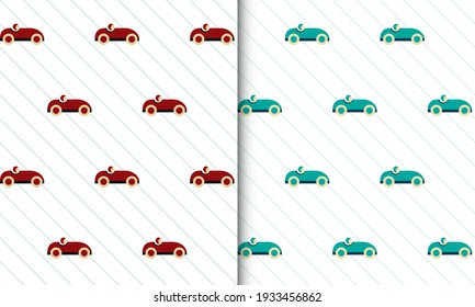 Car toy seamless pattern in retro colors and diagonal stripes. Simple bright geometric kids wallpaper. Isolated objects on transparent background