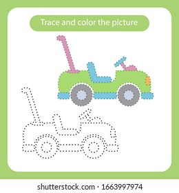 Car toy with simple shapes. Trace and color the picture children s educational game. Handwriting and drawing practice. Toys theme activity for toddlers, kids. Vector illustration.