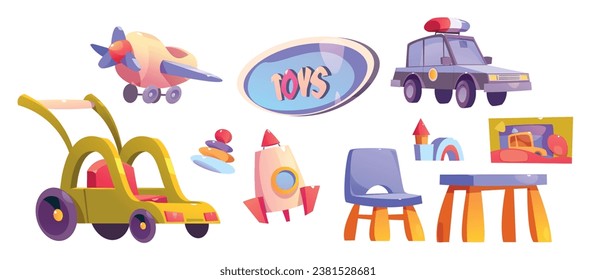 Car in toy store game icon cartoon illustration. Isolated baby shop interior with plastic rocket, chair, table and airplane. Kindergarten or preschool goods clipart graphic childhood shopping element