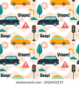 Car Toys Seamless Pattern Design with Boys and Girls Children Toy Equipment in Cartoon Illustration