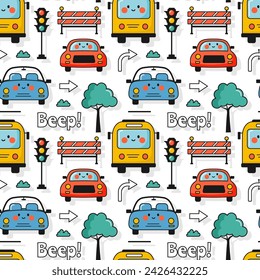 Car Toys Seamless Pattern Design with Boys and Girls Children Toy Equipment in Cartoon Illustration