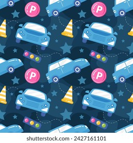 Car Toys Seamless Pattern Design with Boys and Girls Children Toy Equipment in Cartoon Illustration
